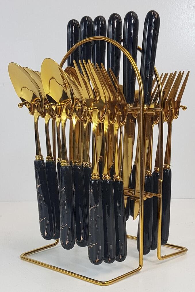 cRRDNsR36qRWWSHA0PNaCv3mD3fIoxhpmjW43nCH (1) (1) Kitchen Stainless Steel Cutlery Gold and Black 24 PCS Set - Black Plastic Handle - Elegant Style - Image 1