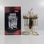 YW05-26 - HL-0784 - Abstract Golden Stainless - Steel Spoons, Forks & Knives Set with Stand and White Ceramic Marble Design Handle with Exquisite Pattern Cutlery Sets of 24