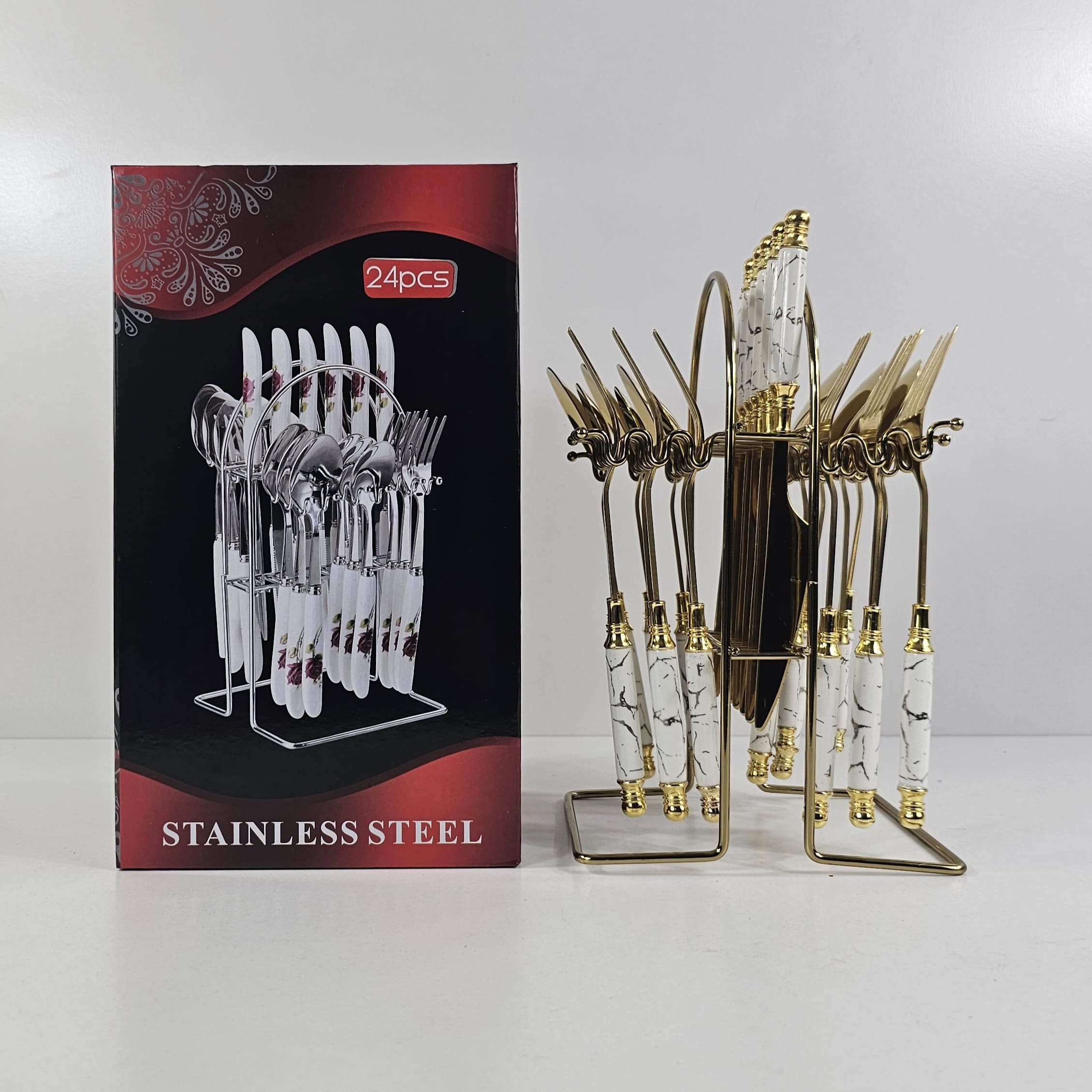 ppp6 (1) YW05-47 - HL-0805 - 24 PCS Spoon Fork & Knife Set - Dinnerware Cutlery Set with Stand - Image 1