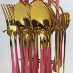 Kitchen Stainless Steel Cutlery Gold and Pink 24 PCS Set - Pink Paint
