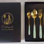 Kitchen Stainless Steel Cutlery Light Green and Gold 4 PCS Set - Stainless Steel - Plastic Handle - Gift Pack