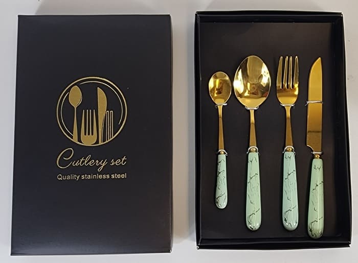 KXTZn0ZocWu05swsEwNVKYPcKJp0VNnrVFppAuRR (1) Kitchen Stainless Steel Cutlery Light Green and Gold 4 PCS Set - Stainless Steel - Plastic Handle - Gift Pack - Image 1