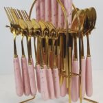 Kitchen Stainless Steel Cutlery Gold and Pink 24 PCS Set - Top Quality Plastic Handle - Elegant Style Cutlery Set