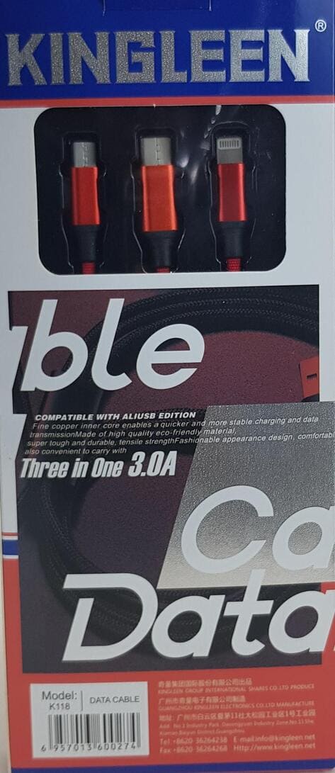 ccYJ5mwbeRFpWUPNv4Bg0N887kVSCBzclIAsQzPv (1) (1) KINGLEEN 3 IN 1 (K118) Data and Charging Cable (3.0A) - Type-C / Lightning / Micro USB - Fast Charging Cable 3 Amp - Image 1
