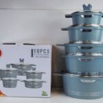 Hot Chef 10 PCS Non-Stick Aluminium Marble Coating - Glass Lid - Cast Aluminium - Cooking Set - Top Quality Cookware