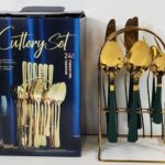Kitchen Stainless Steel Cutlery Gold AND Green 24 PCS Set - Gold Polished - Green Painted - Top Quality Elegant Style