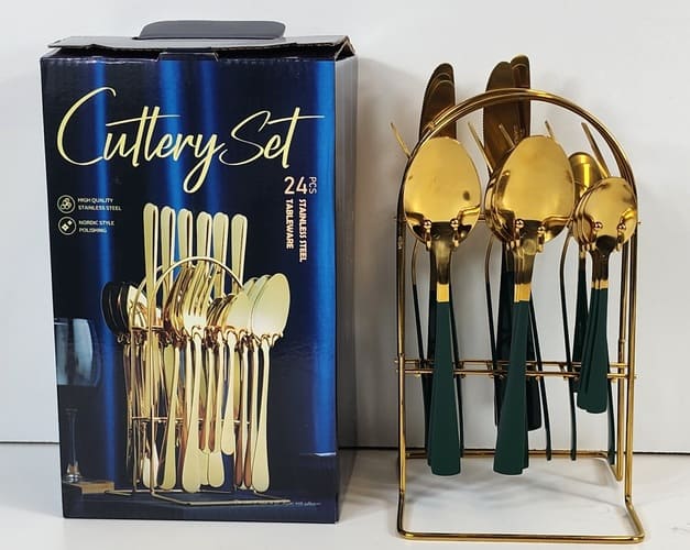 dHsSCARUeviinGX88pL2kZkXupxYHhZxriShqrAW (1) Kitchen Stainless Steel Cutlery Gold AND Green 24 PCS Set - Gold Polished - Green Painted - Top Quality Elegant Style - Image 1